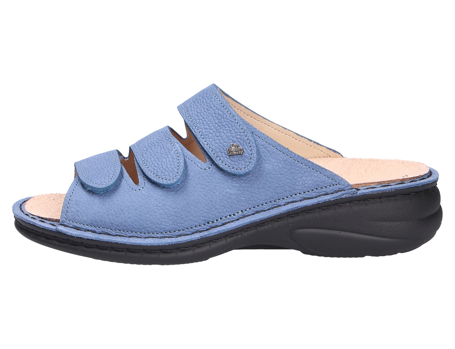 Finn Comfort HELLAS Damen-Pantolette in Blau, offene Lederpantoletten mit drei Klettverschlüssen und schwarzer Sohle