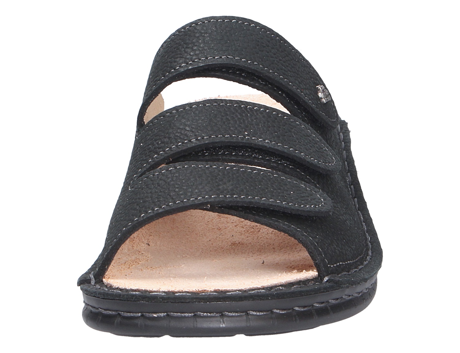 Vorderansicht der schwarzen Finn Comfort Sandale HELLAS mit drei breiten Klettriemen und komfortablem Fußbett