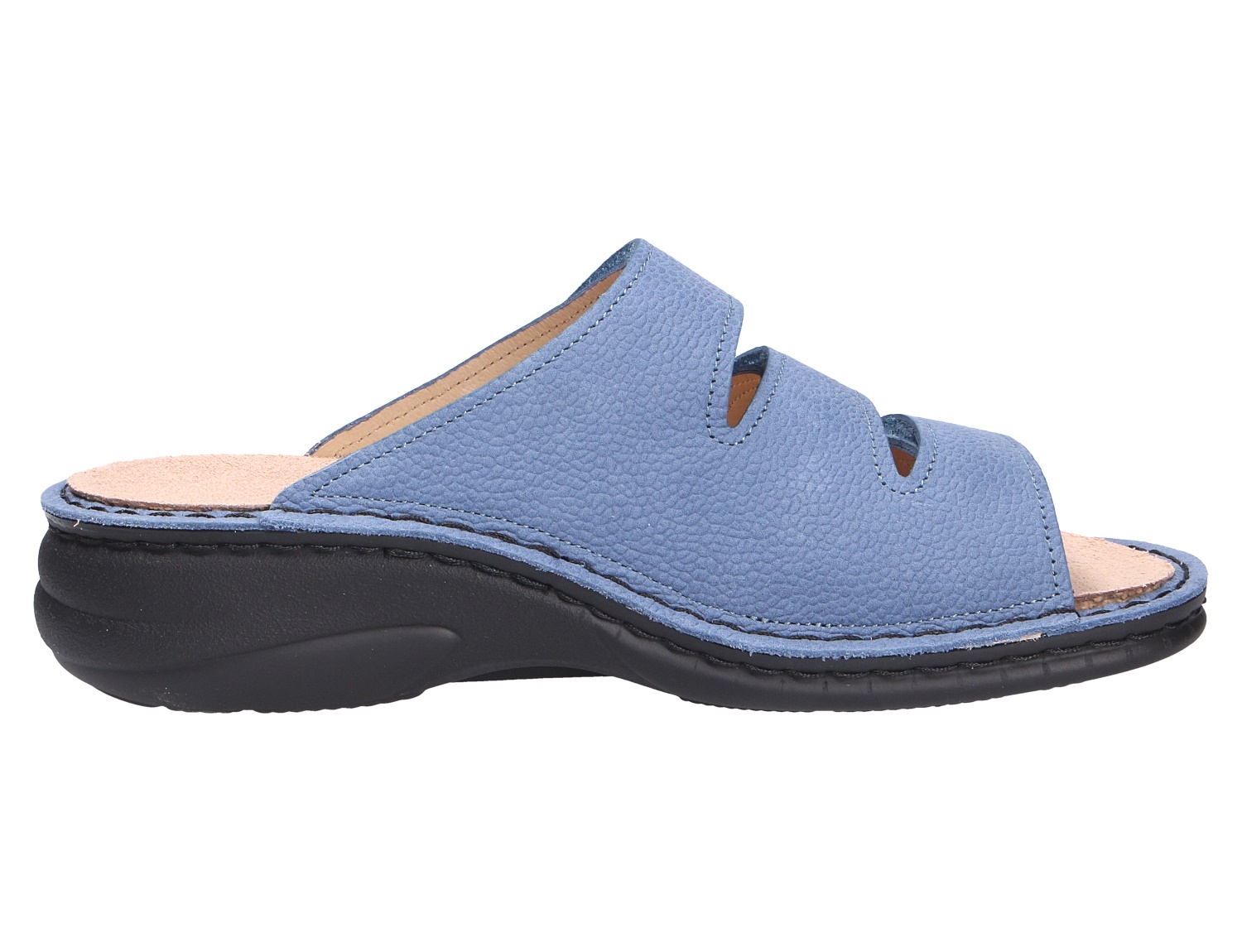Finn Comfort HELLAS Damen-Pantolette in Hellblau, bequemer Leder-Hausschuh mit offener Zehenpartie und schwarzer Laufsohle