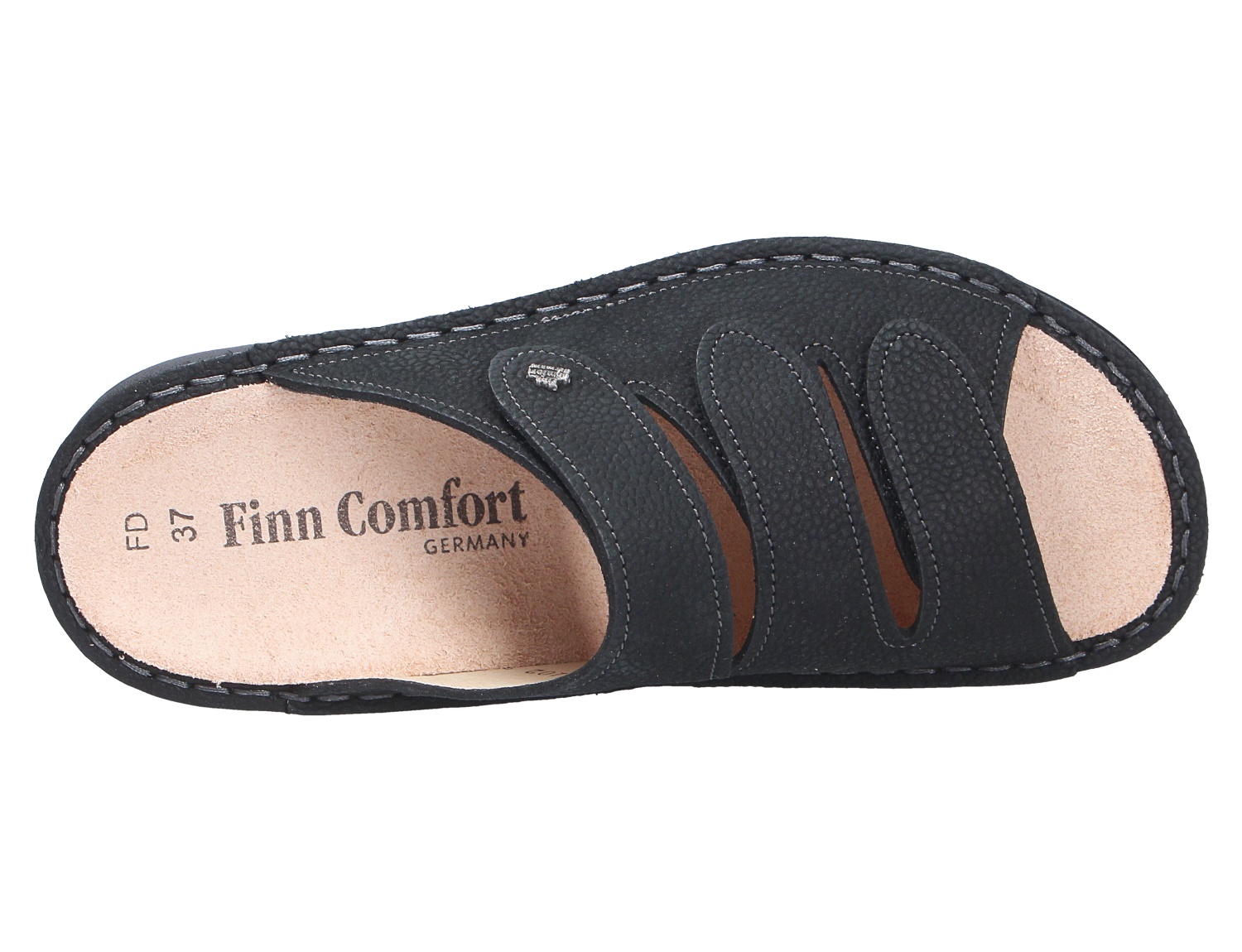 Finn Comfort HELLAS Damen-Pantolette in Schwarz mit weichem Fußbett und seitlichen Aussparungen, Ansicht von oben