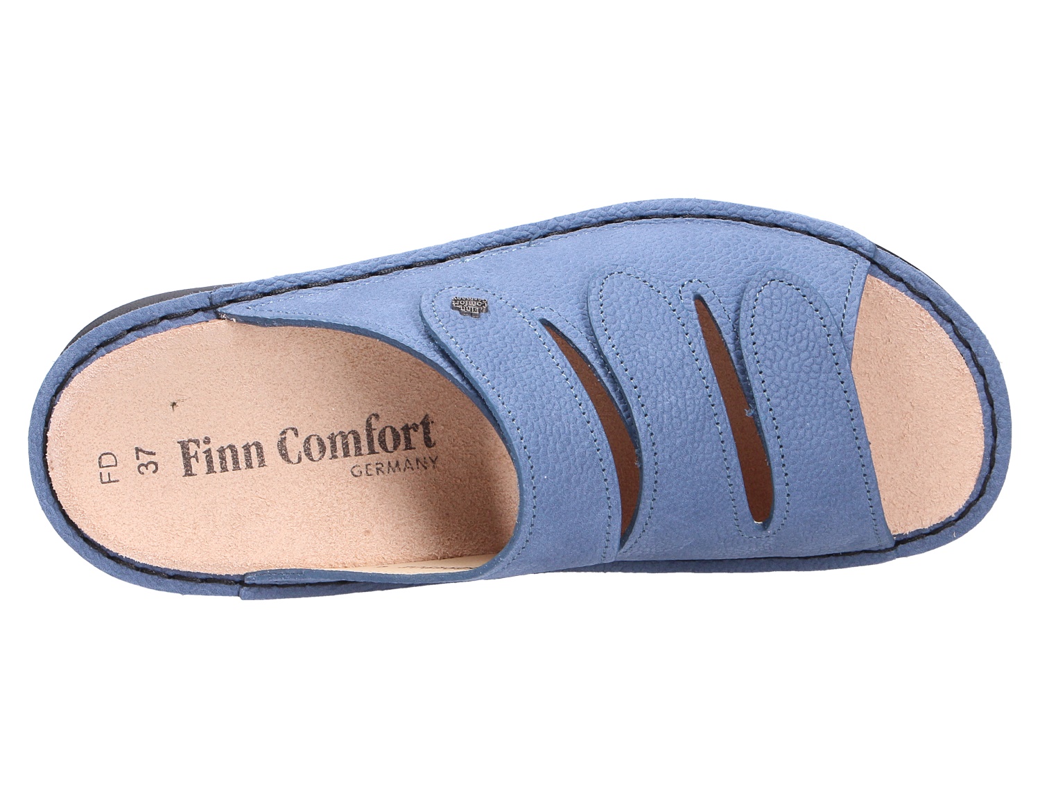 Draufsicht der blauen Finn Comfort Pantolette HELLAS mit geschlossener Vorderpartie, seitlichen Cut-outs und hellem Fußbett