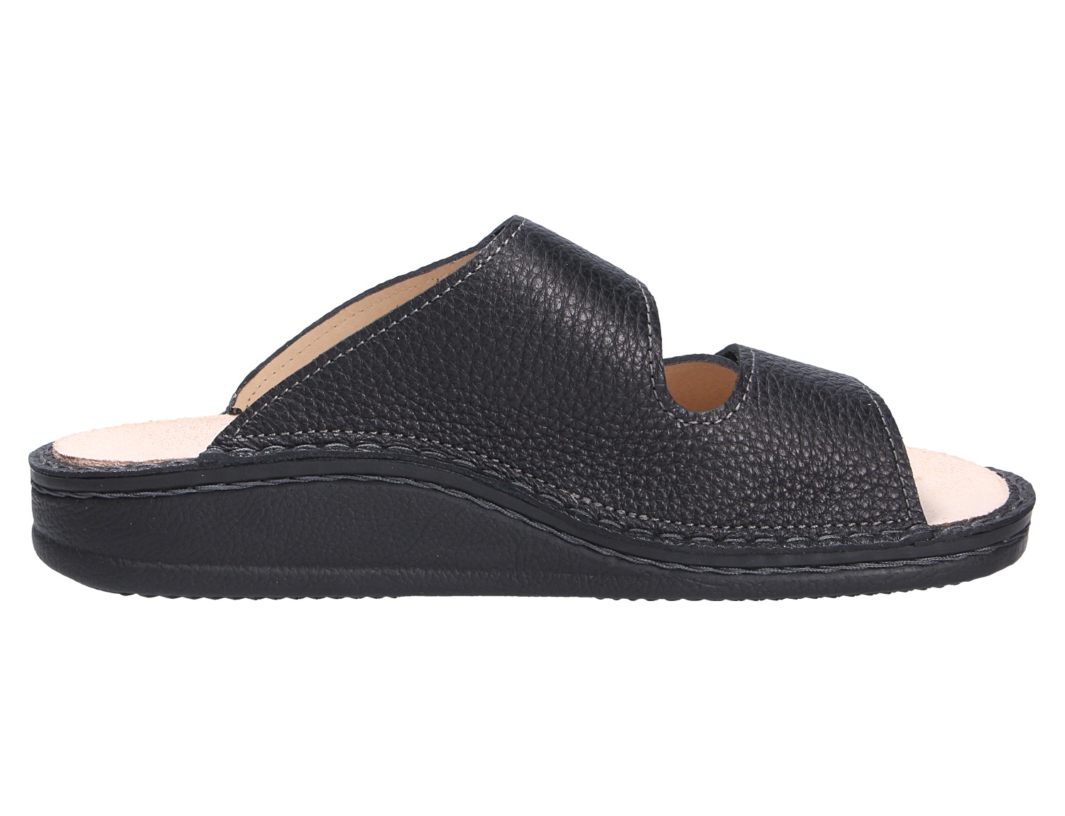 Finn Comfort Riad Damen-Pantolette aus schwarzem Leder, seitliche Ansicht, offene Komfort-Sandale mit Keilsohle