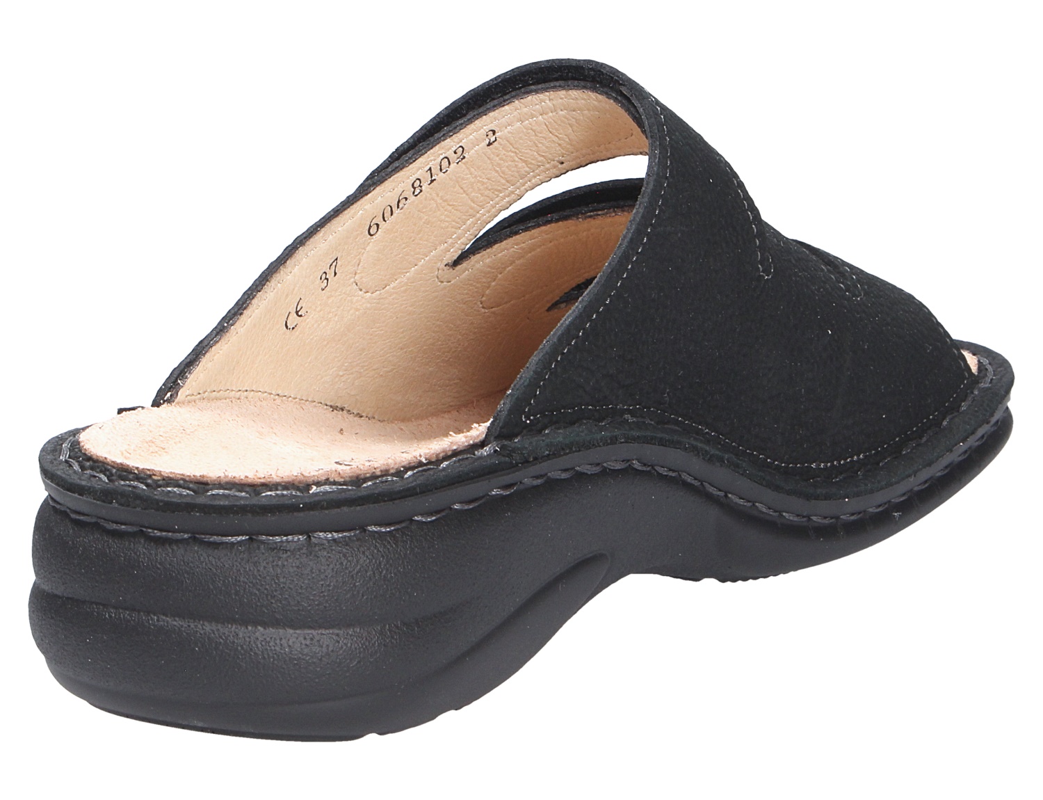 Finn Comfort HELLAS, schwarzer Pantoffel mit breitem Veloursleder-Riemen, offenem Einstieg und bequemer, ergonomischer Laufsohle