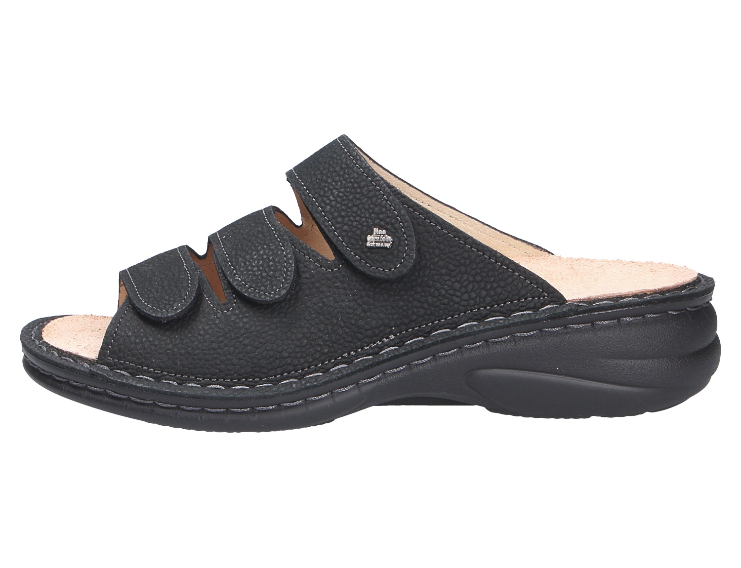 Finn Comfort HELLAS bequeme Damen-Pantolette aus schwarzem Leder mit drei verstellbaren Klettverschlüssen und Komfortfußbett