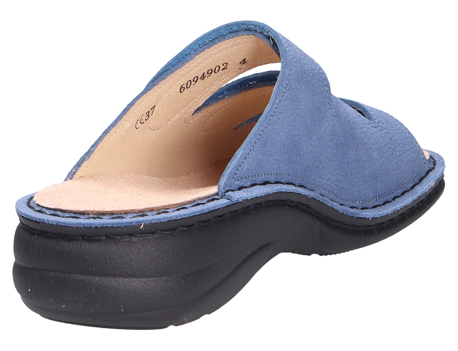 Finn Comfort HELLAS Damen-Pantolette in Blau, bequemer Lederschuh mit offener Zehenpartie, hellem Fußbett und schwarzer Sohle